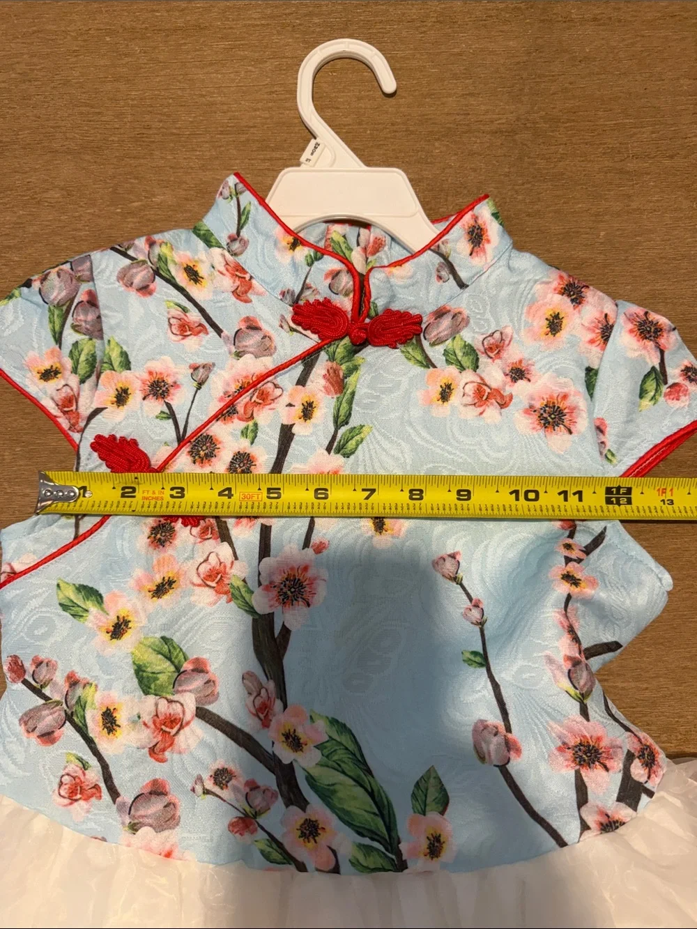 Girls Floral Cherry Blossom Chinese New Year Dress with Cream Tulle Skirt